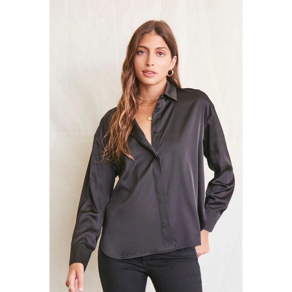 Forever 21 Black Satin Button-Down Shirt
